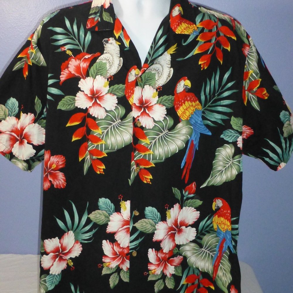 Jade Fashions Black Floral Parrot Short Sleeve Pocket Hawaiian Shirt XL